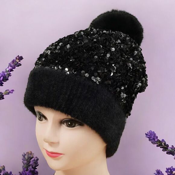 SEQUINS WARM KNITTED BEANIE HATS FOR WOMEN SPARKLING SOFT FLUFFY POM POM NEW - Picture 6 of 10